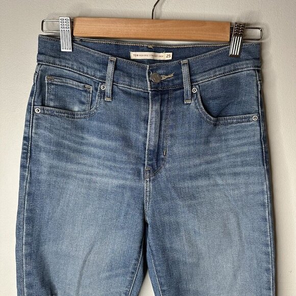 Levis Jeans Womens 724 High Rise Straight Crop Blue Stretch Denim Distressed 25 - Picture 2 of 12